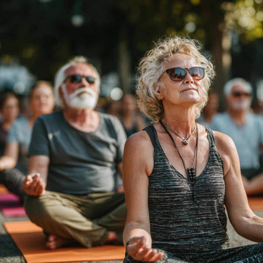 Група възрастни хора правят йога